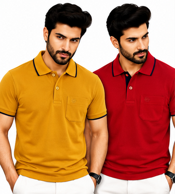 Premium Polo Cotton Combo Mustard Yellow , Red with Chest Pocket