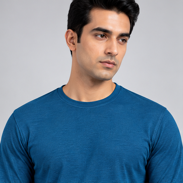 Crew Neck T-Shirt Full Sleeve Cotton Peacock Green Plain
