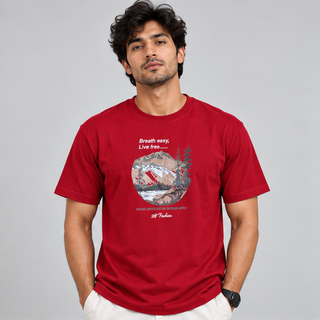 Crew Neck T-Shirt Cotton Red Printed