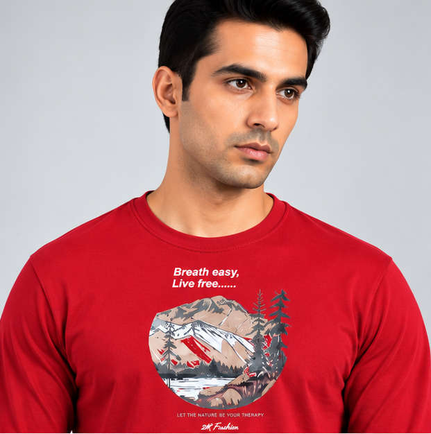 Crew Neck T-Shirt Full Sleeve Cotton Red Printed