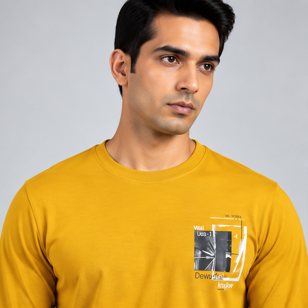 Crew Neck T-Shirt Full Sleeve Cotton Mustard Yellow Printed