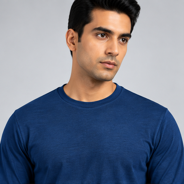 Crew Neck T-Shirt Full Sleeve Cotton Diesel Blue Plain