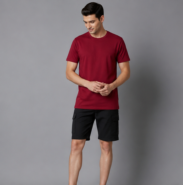Crew Neck T-Shirt Cotton Maroon Plain