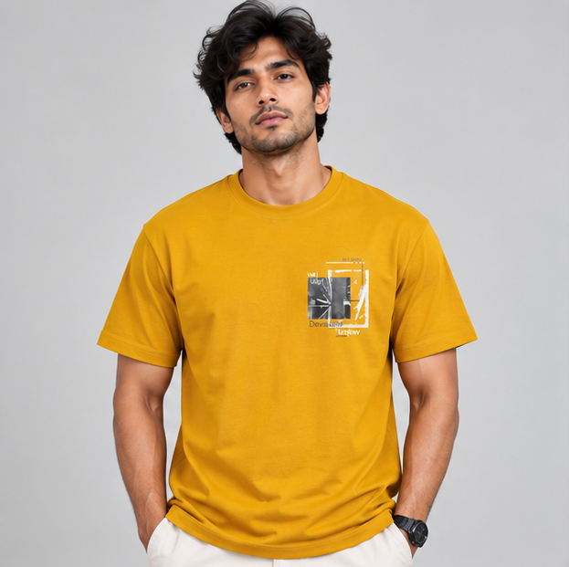 Crew Neck T-Shirt Cotton Mustard Yellow Printed