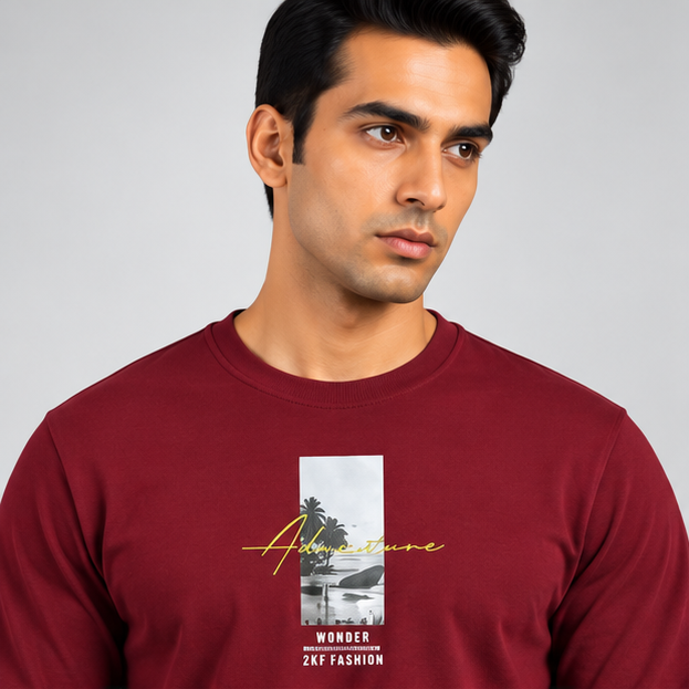 Crew Neck T-Shirt Full Sleeve Cotton Maroon Printed