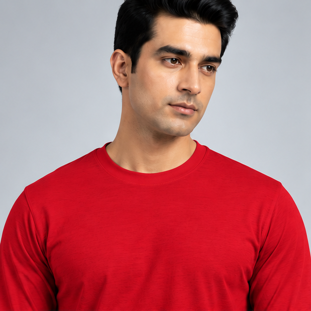 Crew Neck T-Shirt Full Sleeve Cotton Red Plain