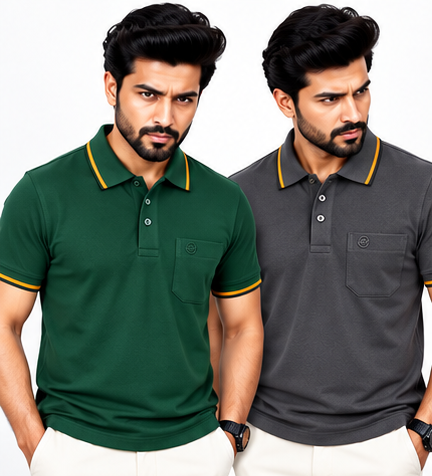 Premium Polo Cotton Combo Grey , Bottle Green with Chest Pocket