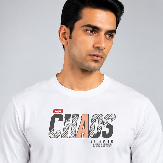 Crew Neck T-Shirt Full Sleeve Cotton White Printed