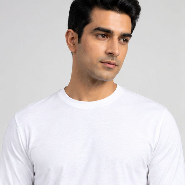 Crew Neck T-Shirt Full Sleeve Cotton White Plain
