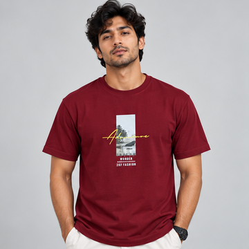 Crew Neck T-Shirt Cotton Maroon Printed