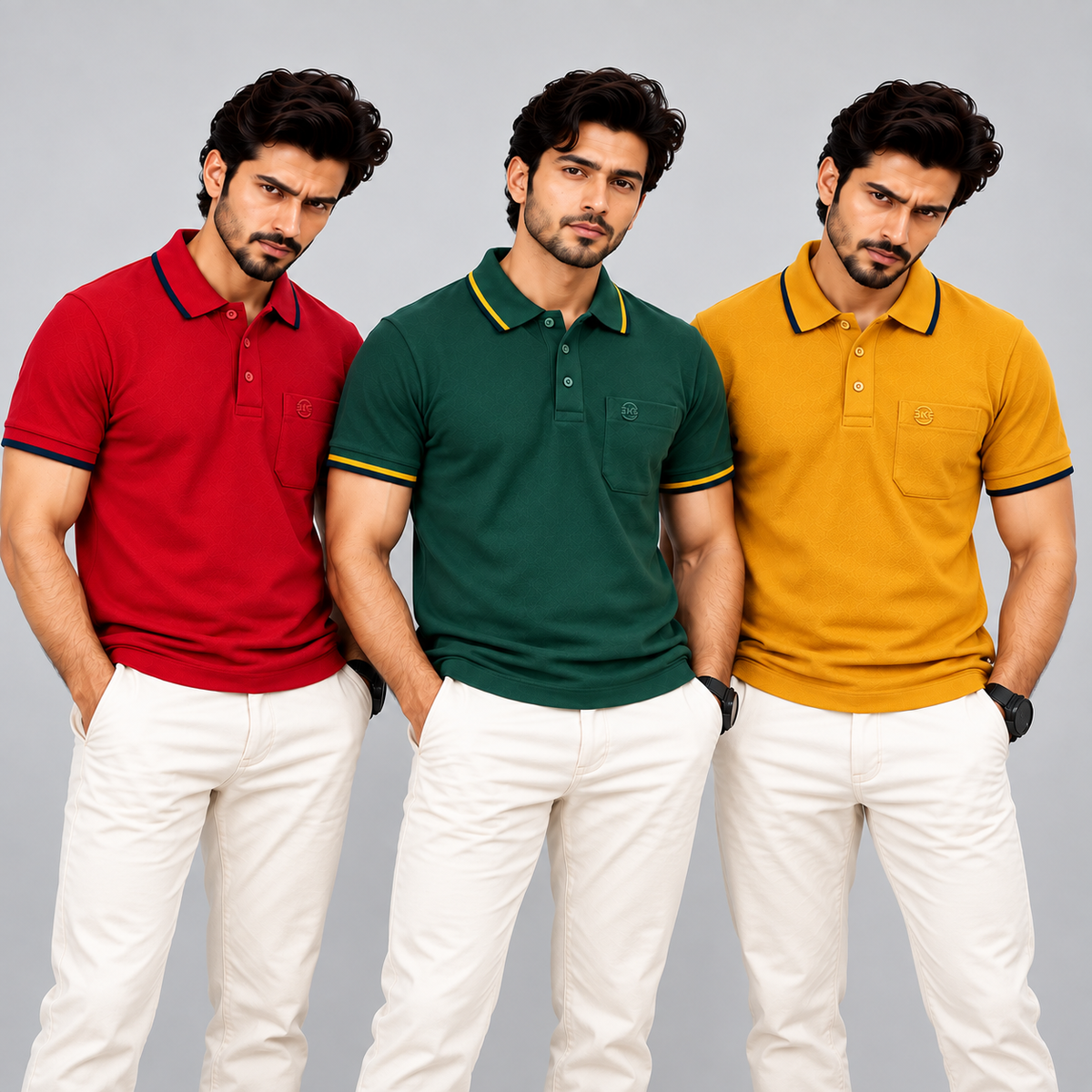 Premium Polo Cotton Combo Mustard Yellow , Bottle Green , Red with Chest Pocket