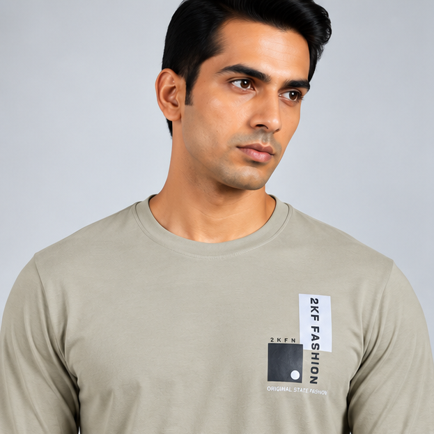 Crew Neck T-Shirt Full Sleeve Cotton Smoked Gray Printed
