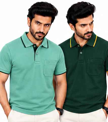 Premium Polo Cotton Combo Aqua Green , Bottle Green with Chest Pocket