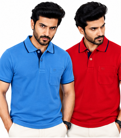 Premium Polo Cotton Combo Red and Baby Blue with Chest Pocket