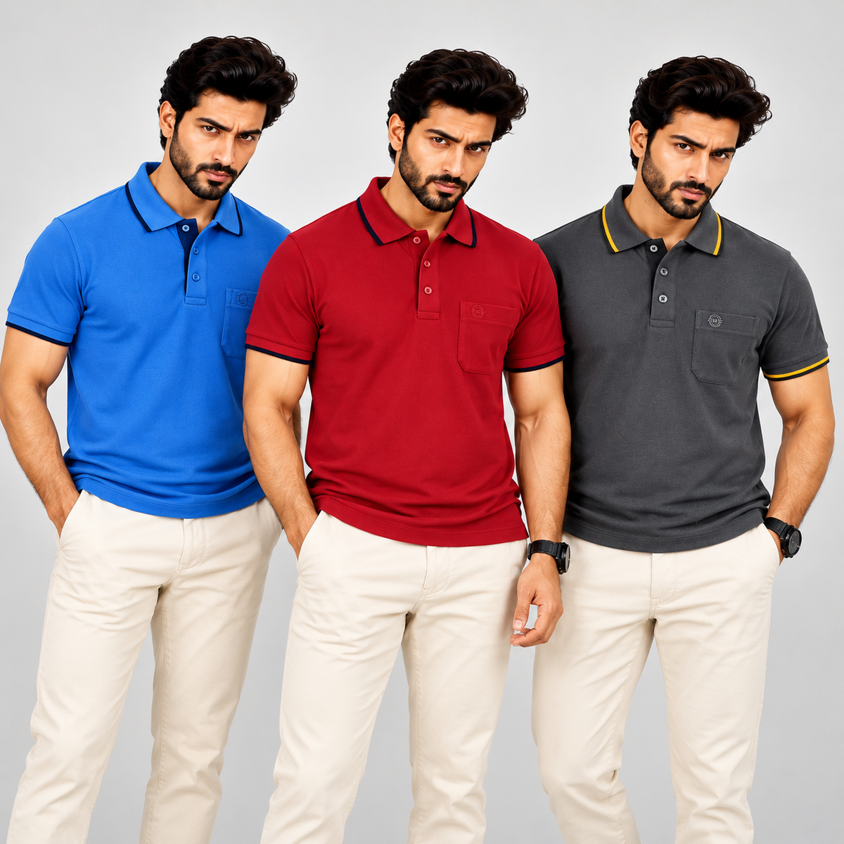 Premium Polo Cotton Combo Red , Baby Blue , Grey with Chest Pocket