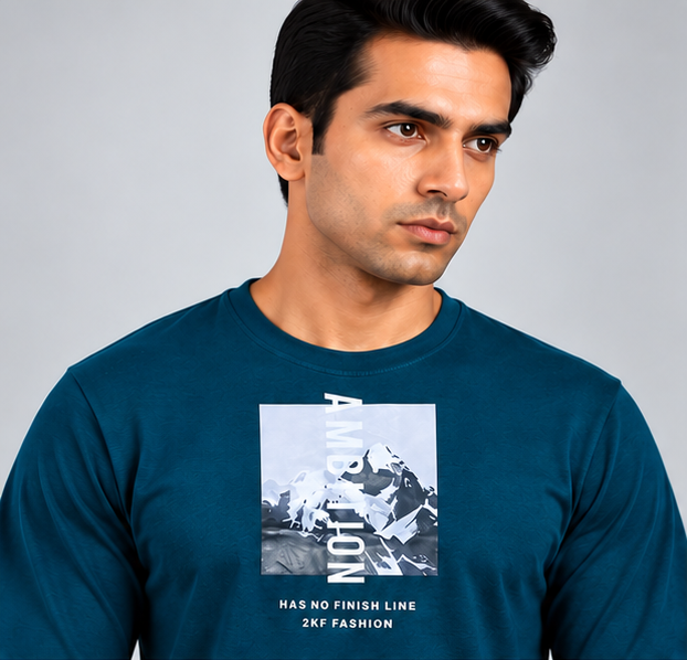 Crew Neck T-Shirt Full Sleeve Cotton Peacock Green Printed