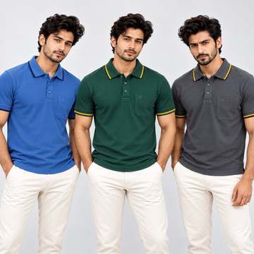 Premium Polo Cotton Combo Baby Blue , Grey , Bottle Green with Chest Pocket