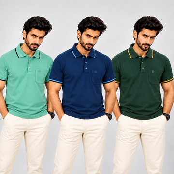Premium Polo Cotton Combo Diesel Blue , Aqua Green , Bottle Green with Chest Pocket