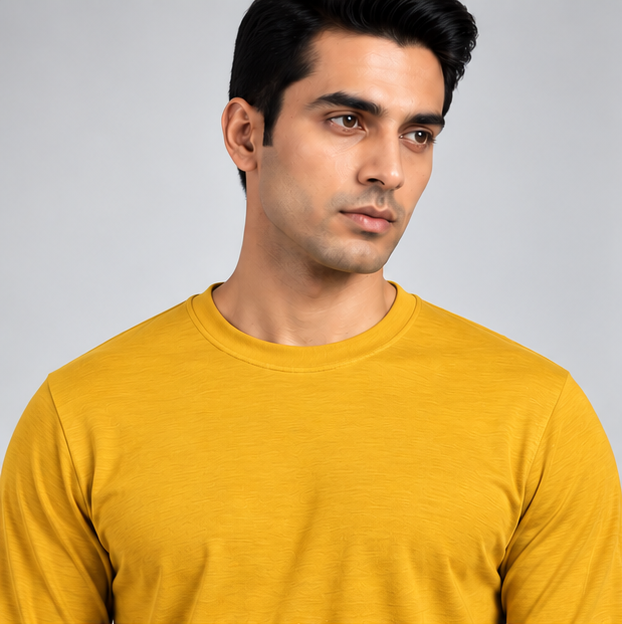 Crew Neck T-Shirt Full Sleeve Cotton Mustard Yellow Plain