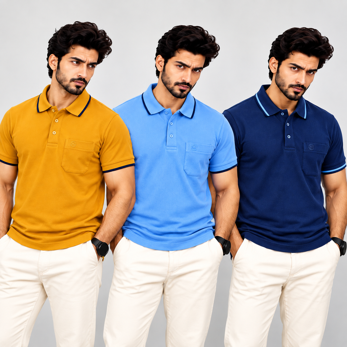 Premium Polo Cotton Combo Mustard Yellow , Baby Blue , Diesel Blue with Chest Pocket
