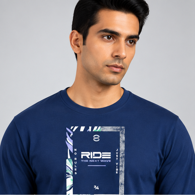 Crew Neck T-Shirt Full Sleeve Cotton Diesel Blue Printed