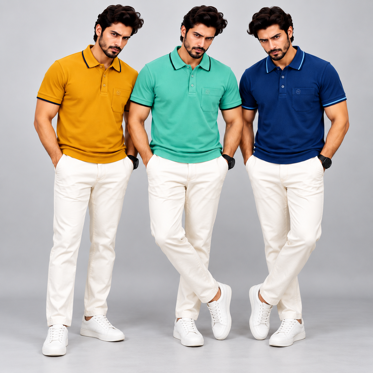 Premium Polo Cotton Combo Diessel Blue , Mustard Yellow , Aqua Green with Chest Pocket
