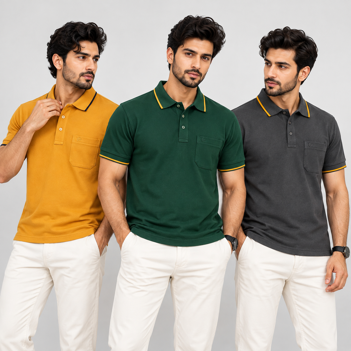 Premium Polo Cotton Combo Grey , Bottle Green , Mustard Yellow with Chest Pocket