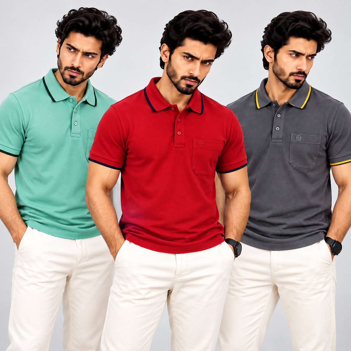 Premium Polo Cotton Combo Grey , Aqua Green , Red with Chest Pocket