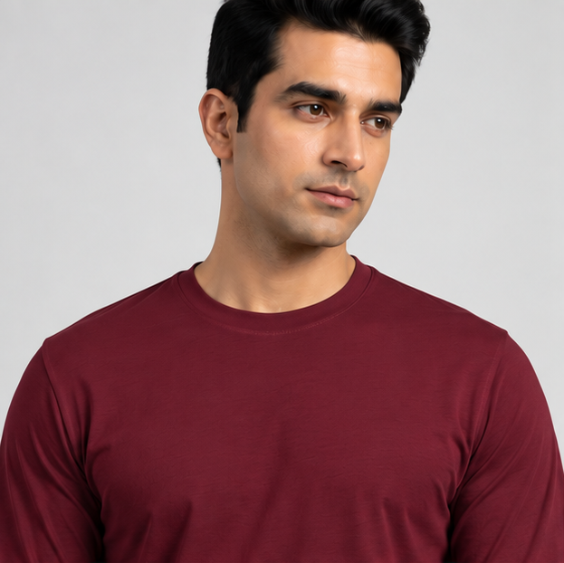 Crew Neck T-Shirt Full Sleeve Cotton Maroon Plain