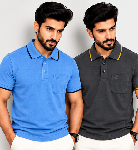 Premium Polo Cotton Combo Baby Blue , Grey with Chest Pocket