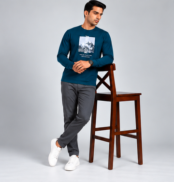 Crew Neck T-Shirt Full Sleeve Cotton Peacock Green Printed