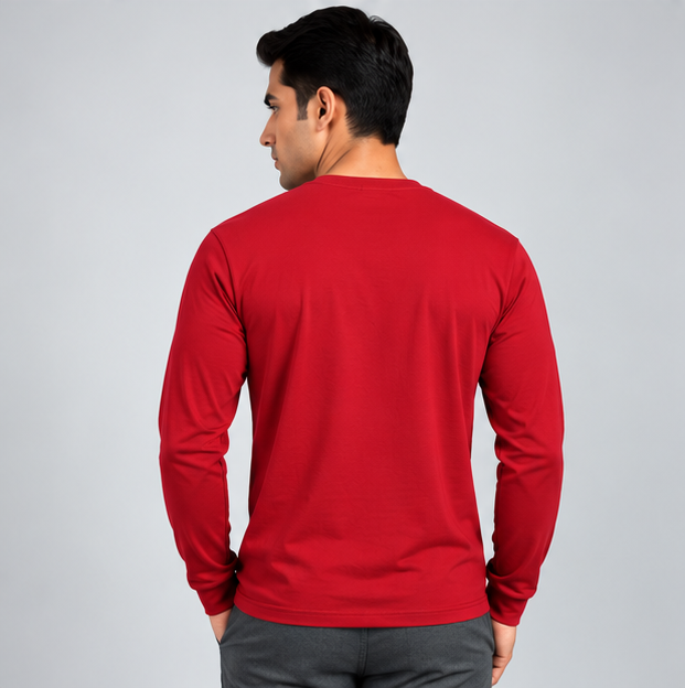 Crew Neck T-Shirt Full Sleeve Cotton Red Printed