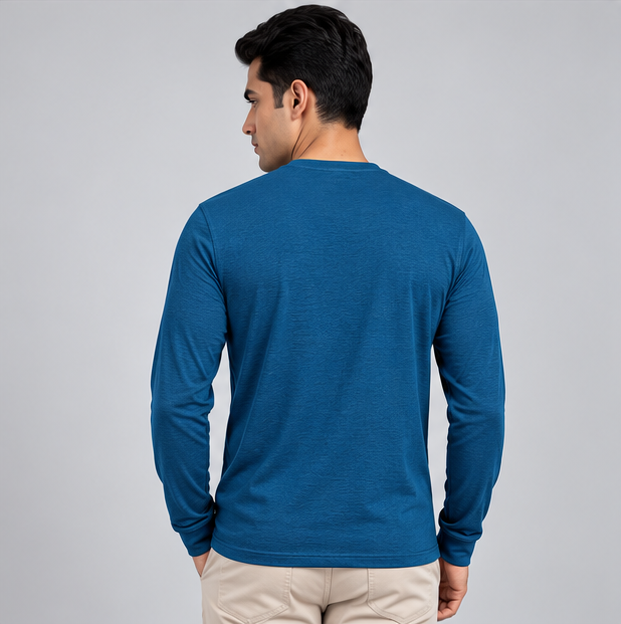 Crew Neck T-Shirt Full Sleeve Cotton Peacock Green Plain