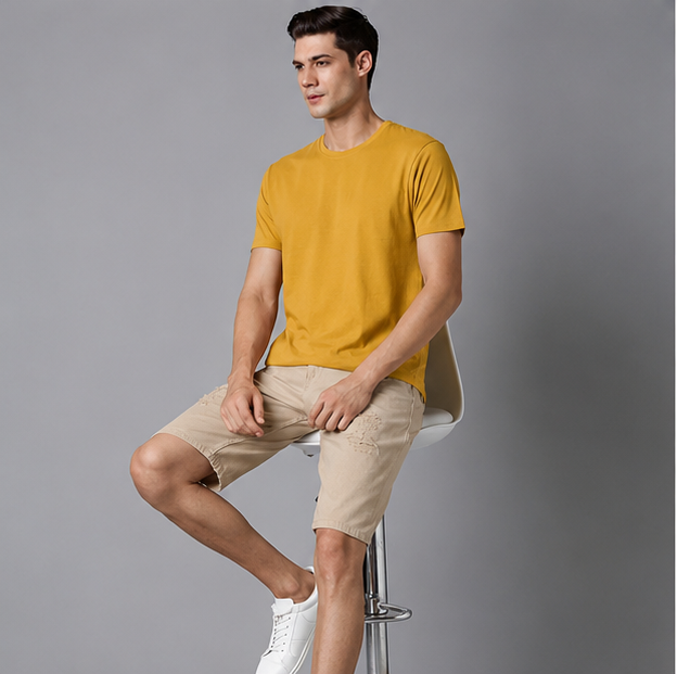 Crew Neck T-Shirt Cotton Mustard Yellow Plain