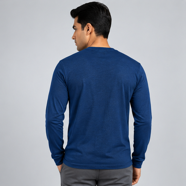 Crew Neck T-Shirt Full Sleeve Cotton Diesel Blue Plain