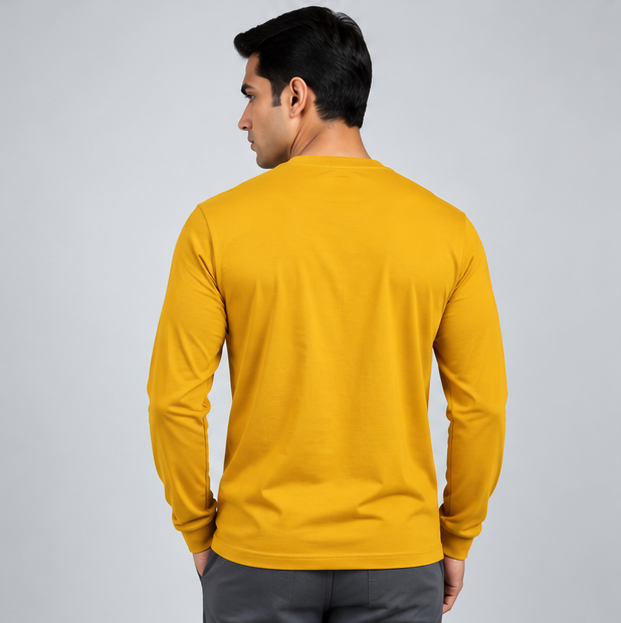Crew Neck T-Shirt Full Sleeve Cotton Mustard Yellow Printed