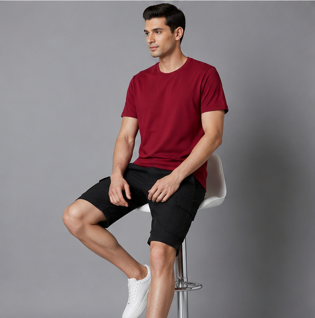 Crew Neck T-Shirt Cotton Maroon Plain