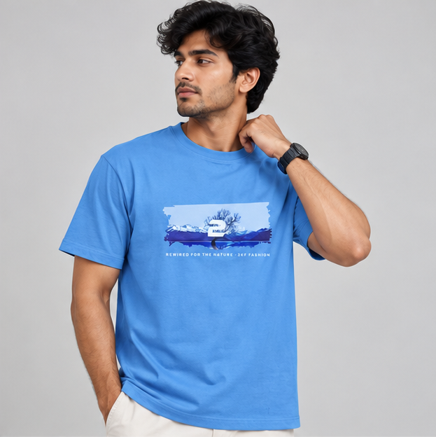 Crew NeckT-Shirt Cotton Baby Blue Printed