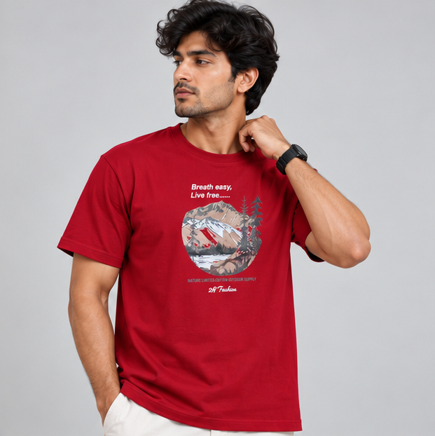 Crew Neck T-Shirt Cotton Red Printed