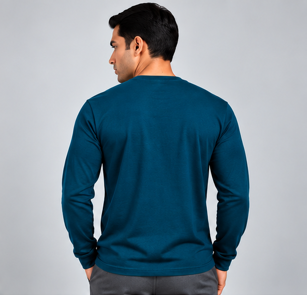Crew Neck T-Shirt Full Sleeve Cotton Peacock Green Printed