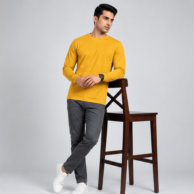 Crew Neck T-Shirt Full Sleeve Cotton Mustard Yellow Plain