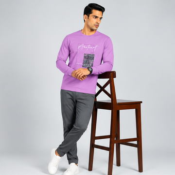 Crew Neck T-Shirt Full Sleeve Cotton Lavender Printed