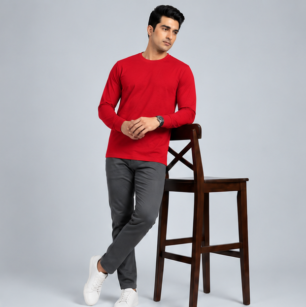 Crew Neck T-Shirt Full Sleeve Cotton Red Plain
