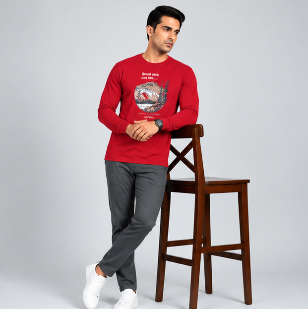 Crew Neck T-Shirt Full Sleeve Cotton Combo Diesel Blue , Red , Smoked Grey Printed