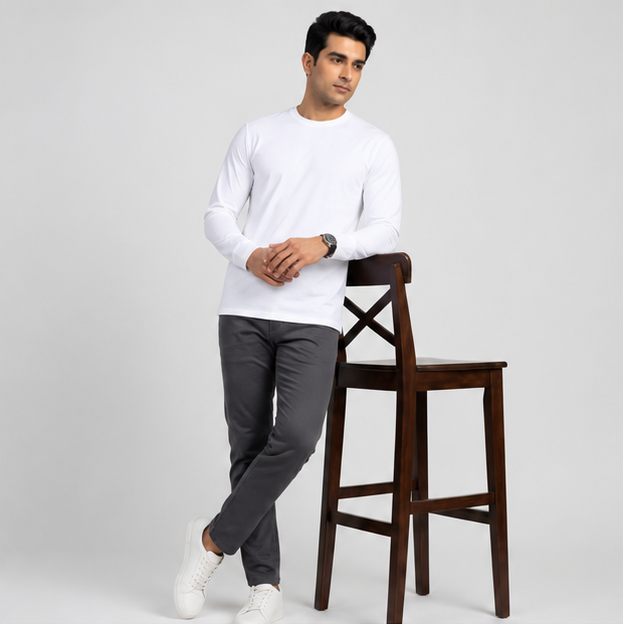 Crew Neck T-Shirt Full Sleeve Cotton White Plain