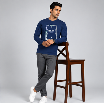 Crew Neck T-Shirt Full Sleeve Cotton Diesel Blue Printed
