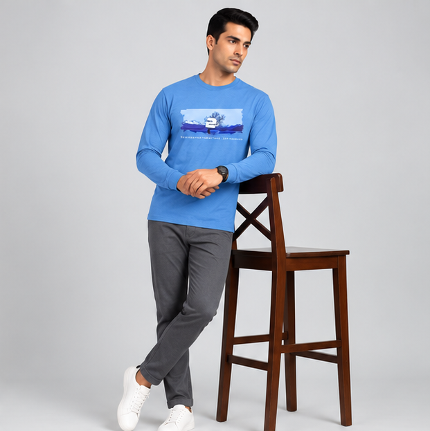Crew Neck T-Shirt Full Sleeve Cotton Combo White , Baby Blue , Lavender Printed