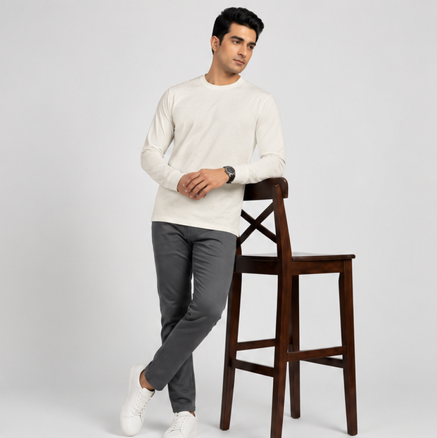 Crew Neck T-Shirt Full Sleeve Cotton Smoked Grey Plain