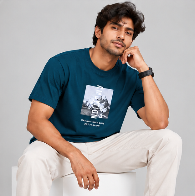 Crew Neck T-Shirt Cotton Peacock Green Printed