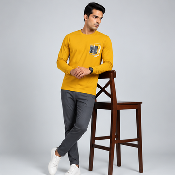 Crew Neck T-Shirt Full Sleeve Cotton Mustard Yellow Printed